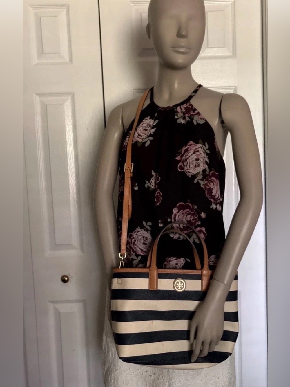 Tory Burch Navy and Cream Striped Tote with Tan Leather Accents - Picture 6 of 16